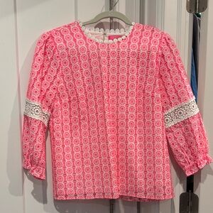 Lilly Pulitzer Pink Eyelit Blouse with Lace Accents